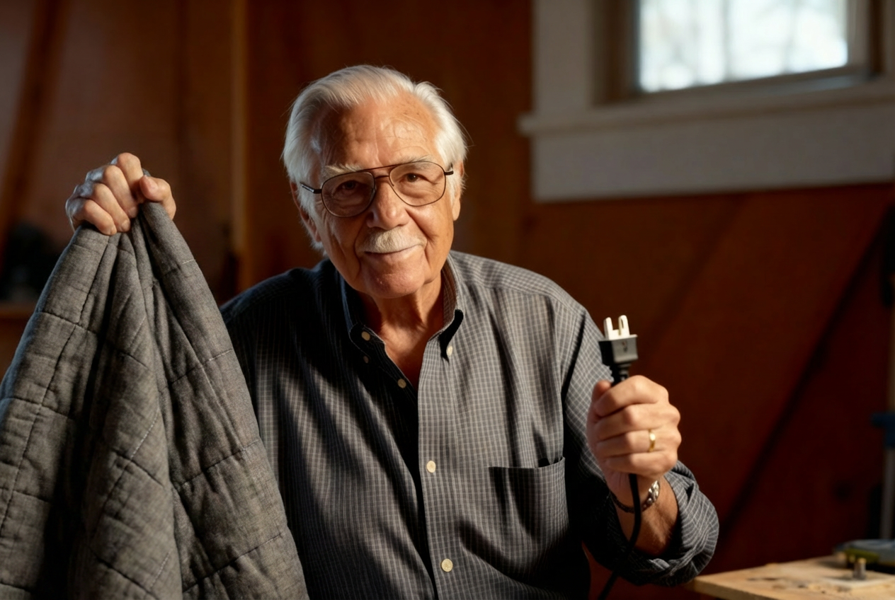 Rob holding the three-year-old prototype BareEarth blanket